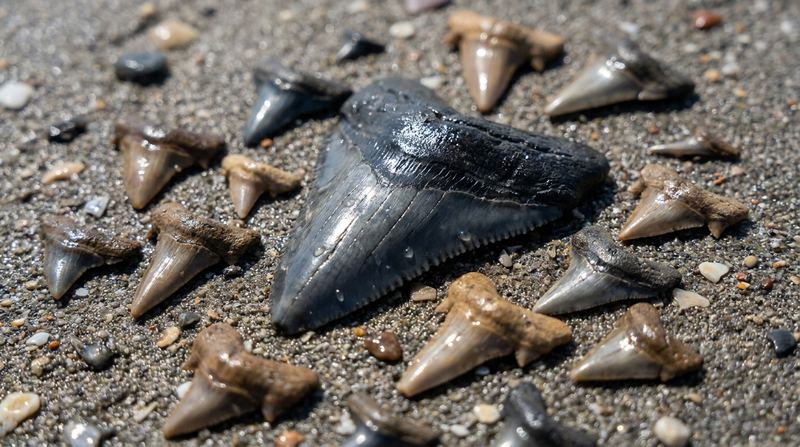 Fossil shark teeth from the bottom layer.