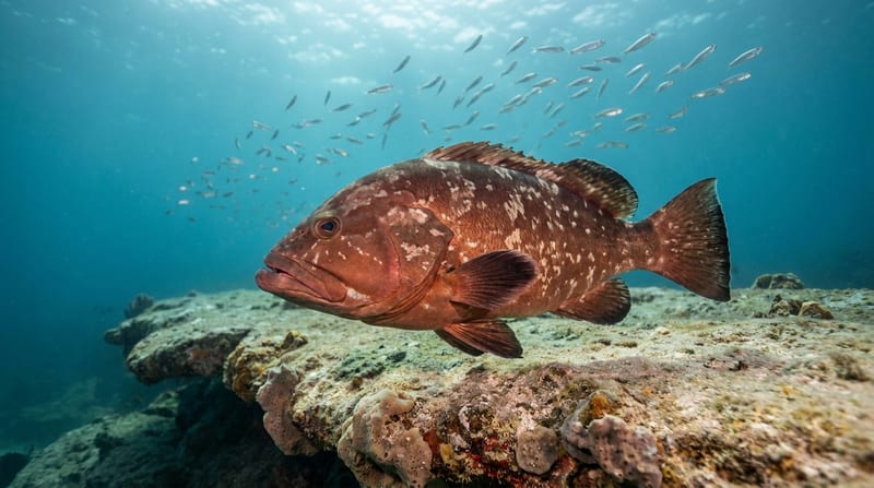 A red grouper holding over low-relief hard bottom off Sarasota — a species managed by federal and state seasons